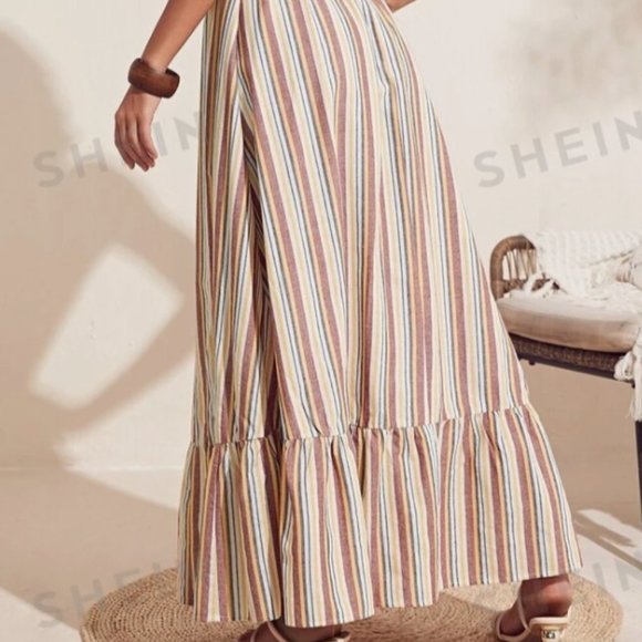 SHEIN VCAY Cutout Detail Striped Ruffle Hem Halter Dress Multicolor Size XS - Picture 3 of 12